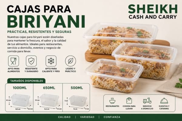 Cajas para Biryani de Plástico con Tapa – 500ML, 650ML y 1000ML