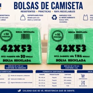 Bolsas de Camiseta Recicladas 42×53 cm – 50 Unidades / 1 KG