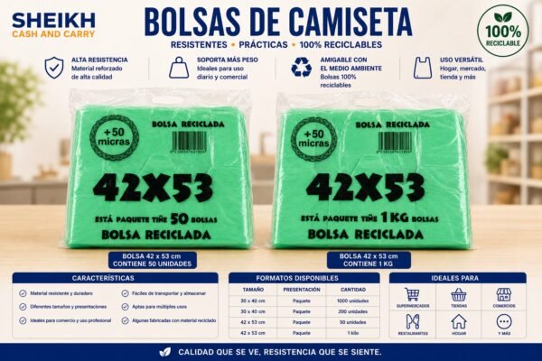 Bolsas de Camiseta Recicladas 42×53 cm – 50 Unidades / 1 KG